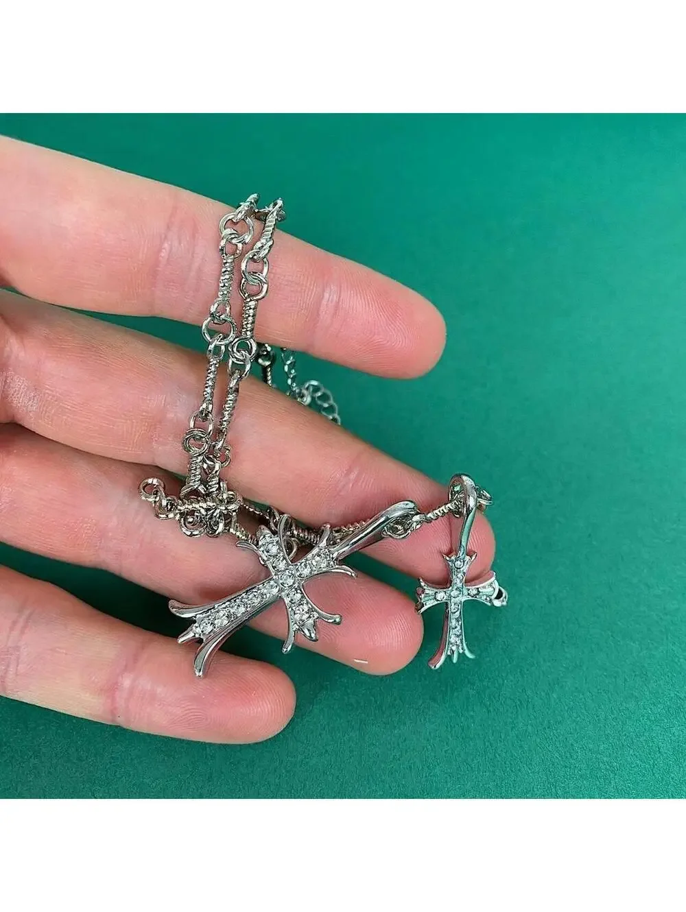 Y2K Vintage Silver Cross Stone Necklace 19.5 Inch